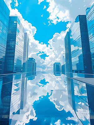 JPG 구름 일러스트 하늘 빌딩 사람없음 건물 파란색 반사 맑음 도시 국내일러스트 AI일러스트 AI콘텐츠 자연요소 건축물 컬러 날씨 파일형식