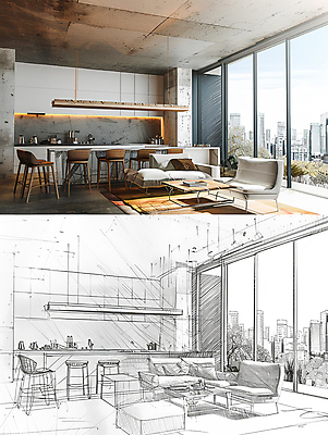 JPG 편집이미지 가구 창문 식탁 조명 주택 빌딩 사람없음 인테리어 소파 주방 도시 스케치 편집실사 AI컴퓨터그래픽 AI콘텐츠 디자인 생활용품 의자 탁자 미술 건물 CG 파일형식