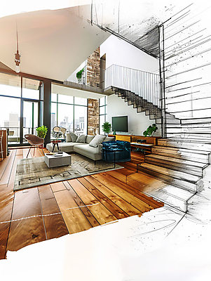 JPG 식물 편집이미지 가구 난간 주택 사람없음 인테리어 소파 계단 텔레비전 카펫 스케치 나무바닥 편집실사 AI컴퓨터그래픽 AI콘텐츠 디자인 생활용품 의자 바닥 미술 건물 전자제품 CG 파일형식