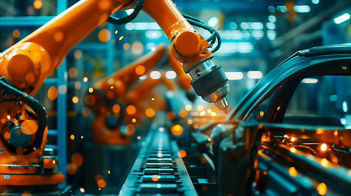 JPG 편집이미지 공장 사람없음 주황색 기계 로봇 보케 자동화 편집실사 AI포토 AI콘텐츠 컬러 공업 CG 파일형식