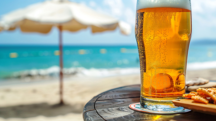 JPG 편집이미지 여행 탁자 휴식 맥주 해변 사람없음 여름 파라솔 디지털합성 맥주잔 편집실사 AI포토 AI콘텐츠 계절 바다 가구 컨셉 술잔 주류 CG 파일형식