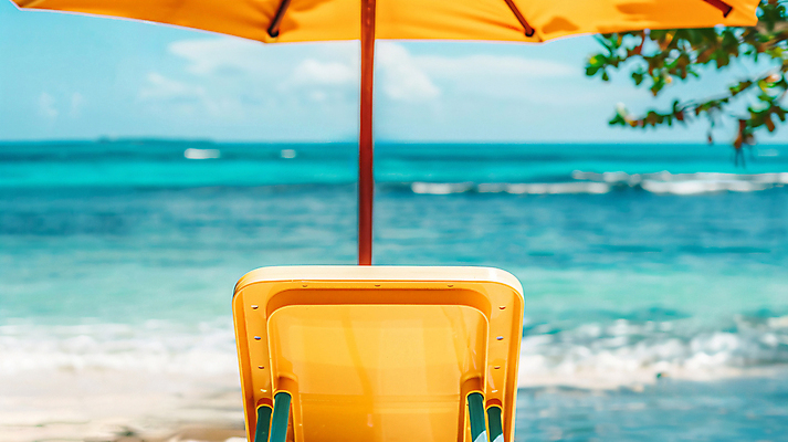 JPG 편집이미지 파도 여행 의자 휴식 나뭇잎 해변 사람없음 여름 파라솔 디지털합성 편집실사 AI포토 AI콘텐츠 계절 바다 가구 컨셉 잎 CG 파일형식