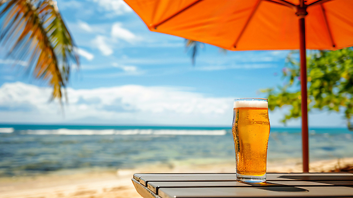 JPG 편집이미지 여행 탁자 휴식 맥주 그림자 해변 사람없음 여름 파라솔 디지털합성 맥주잔 야자수잎 편집실사 AI포토 AI콘텐츠 계절 바다 가구 컨셉 잎 술잔 주류 CG 파일형식