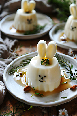 JPG 편집이미지 접시 꽃 사람없음 토끼 디지털합성 시럽 아몬드 푸딩 로즈메리 판나코타 편집실사 AI포토 AI콘텐츠 식물 식기 포유류 디저트 반려동물 견과류 허브 CG 파일형식