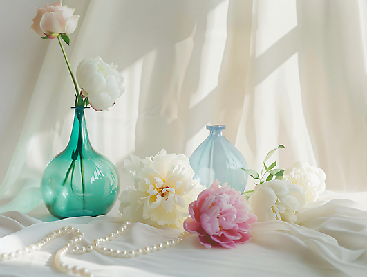 JPG 편집이미지 유리 그림자 사람없음 인테리어 햇빛 꽃병 투명 천 합성 감성 진주목걸이 편집실사 AI포토 AI콘텐츠 디자인 꽃 컨셉 목걸이 재질 태양 직물 CG 진주_보석 파일형식