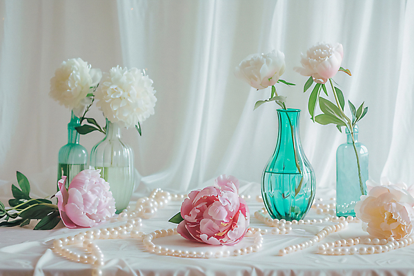 JPG 편집이미지 잎 유리 사람없음 인테리어 꽃병 투명 천 합성 감성 진주목걸이 편집실사 AI포토 AI콘텐츠 식물 디자인 꽃 컨셉 목걸이 재질 직물 CG 진주_보석 파일형식