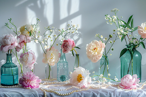 JPG 편집이미지 잎 유리 유리병 그림자 사람없음 인테리어 햇빛 꽃병 투명 합성 감성 진주목걸이 편집실사 AI포토 AI콘텐츠 식물 디자인 꽃 컨셉 목걸이 재질 병_용기 태양 CG 진주_보석 파일형식