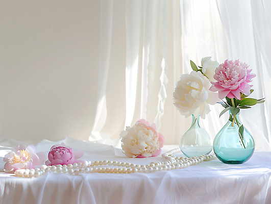 JPG 편집이미지 잎 유리 사람없음 인테리어 햇빛 꽃병 투명 천 합성 감성 진주목걸이 편집실사 AI포토 AI콘텐츠 식물 디자인 꽃 컨셉 목걸이 재질 태양 직물 CG 진주_보석 파일형식