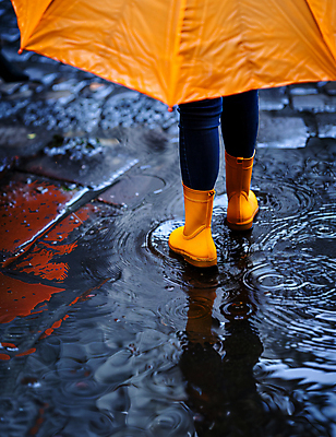 JPG 편집이미지 어린이 우산 장화 한명 반사 노란색 하반신 디지털합성 웅덩이 장마 물결파장 편집실사 AI인물포토 AI콘텐츠 1 물결 컬러 신발 사람 비_날씨 CG 파일형식 AI포토