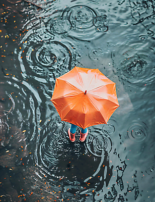 JPG 편집이미지 낙엽 우산 장화 한명 성인 주황색 디지털합성 웅덩이 장마 물결파장 성인한명만 편집실사 AI인물포토 AI콘텐츠 1 물결 컬러 신발 잎 사람 비_날씨 CG 성인만 파일형식 AI포토