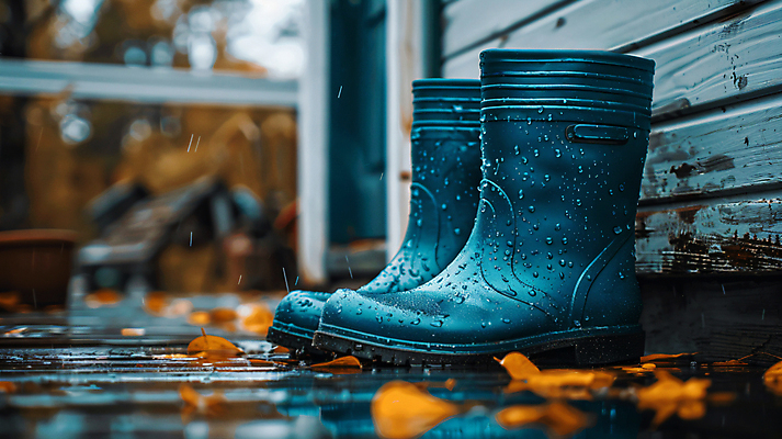 JPG 편집이미지 낙엽 장화 사람없음 젖음 물방울 디지털합성 장마 나무집 편집실사 AI포토 AI콘텐츠 신발 잎 주택 비_날씨 CG 파일형식