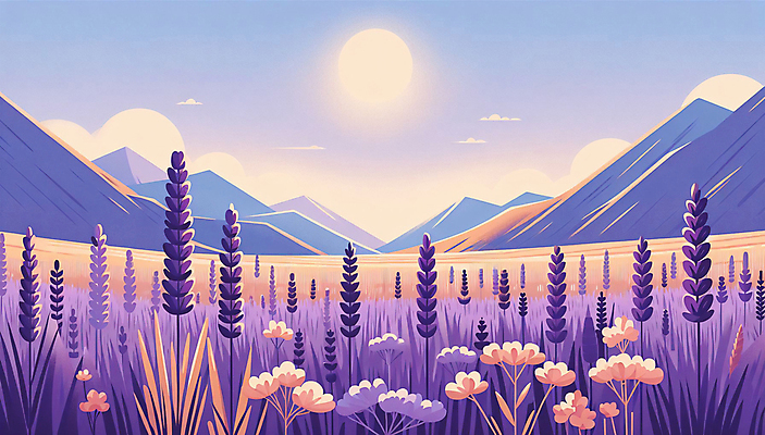 JPG 구름 꽃밭 일러스트 산 풍경 사람없음 여름 태양 노을 보라색 라벤더 국내일러스트 AI일러스트 AI콘텐츠 자연요소 계절 꽃 컬러 허브 파일형식
