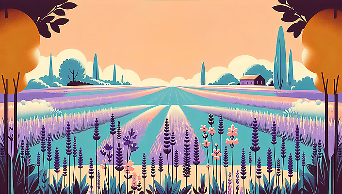 JPG 나무 구름 꽃밭 일러스트 주택 풍경 사람없음 여름 노을 보라색 풀 라벤더 국내일러스트 AI일러스트 AI콘텐츠 자연요소 식물 계절 꽃 컬러 건물 허브 파일형식