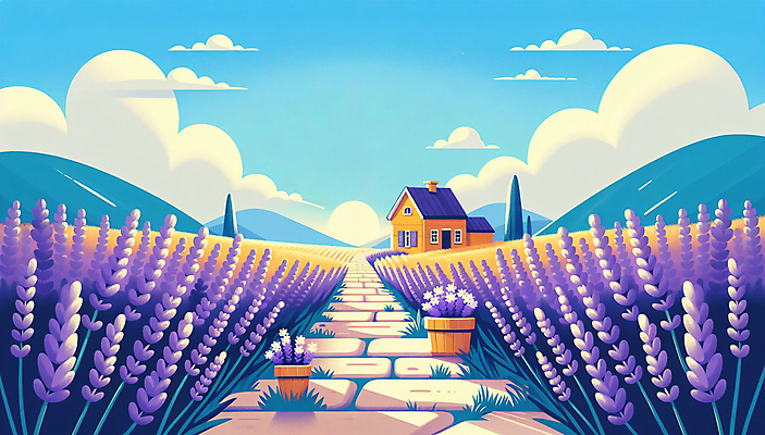 JPG 나무 구름 꽃밭 일러스트 산 주택 풍경 사람없음 여름 바구니 노을 보라색 라벤더 돌길 국내일러스트 AI일러스트 AI콘텐츠 자연요소 식물 계절 꽃 길 컬러 건물 허브 파일형식