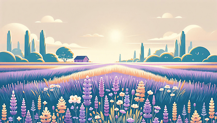 JPG 나무 구름 꽃밭 일러스트 주택 풍경 사람없음 여름 태양 노을 보라색 풀숲 라벤더 국내일러스트 AI일러스트 AI콘텐츠 자연요소 식물 계절 꽃 컬러 건물 숲 허브 파일형식
