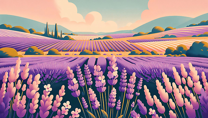 JPG 구름 꽃밭 일러스트 산 풍경 사람없음 여름 노을 보라색 풀숲 라벤더 국내일러스트 AI일러스트 AI콘텐츠 자연요소 계절 꽃 컬러 숲 허브 파일형식