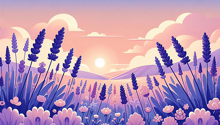 JPG 구름 꽃밭 일러스트 풍경 사람없음 여름 태양 노을 보라색 라벤더 국내일러스트 AI일러스트 AI콘텐츠 자연요소 계절 꽃 컬러 허브 파일형식