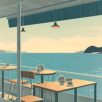 PSD 구름 바다 의자 일러스트 난간 탁자 하늘 주전자 전등 조명 산 풍경 사람없음 여름 카페 커피잔 컵받침 국내일러스트 자연요소 계절 커피 가구 주방용품 잔 상점 받침대 파일형식