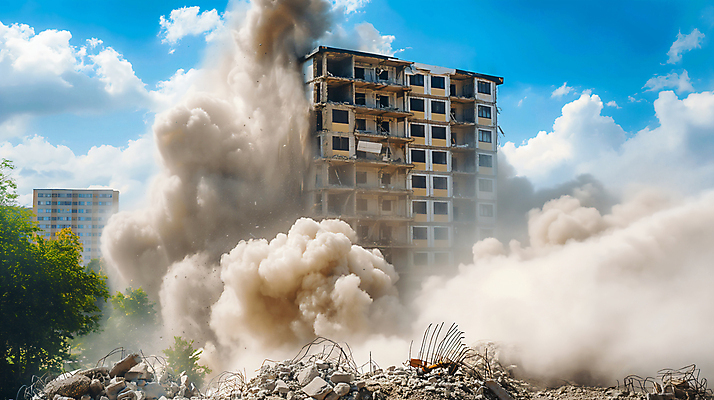 JPG 나무 편집이미지 사람없음 건물 손상 연기 파편 폐허 붕괴 철거 흙먼지 편집실사 AI포토 AI콘텐츠 식물 건축물 컨셉 CG 먼지 파일형식