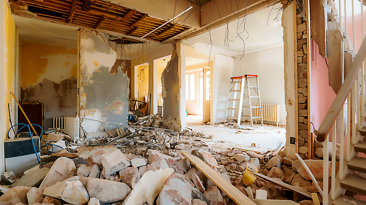 JPG 편집이미지 사다리 사람없음 건물 손상 파편 폐허 붕괴 철거 편집실사 AI포토 AI콘텐츠 건축물 컨셉 도구 CG 파일형식