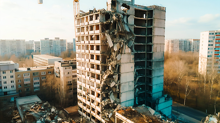 JPG 나무 편집이미지 사람없음 건물 손상 폐허 붕괴 철거 편집실사 AI포토 AI콘텐츠 식물 건축물 컨셉 CG 파일형식