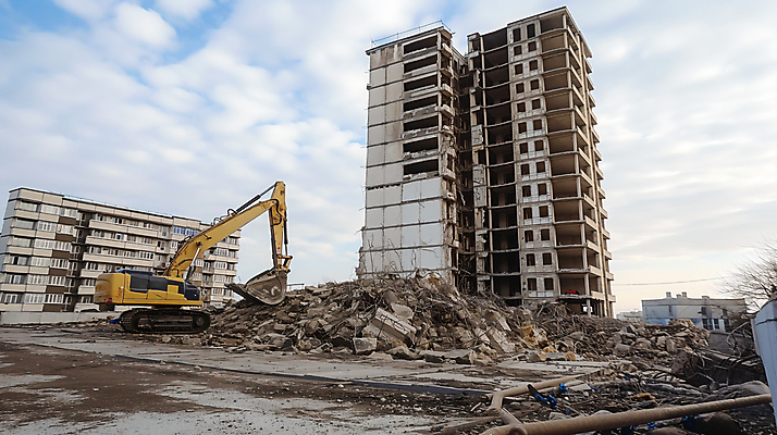 JPG 구름 편집이미지 하늘 사람없음 건물 손상 포크레인 폐허 붕괴 철거 편집실사 AI포토 AI콘텐츠 자연요소 건축물 컨셉 중장비 CG 파일형식