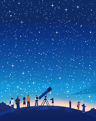 전신 PSD 여자 교육 남자 별 과학 일러스트 밤하늘 여러명 성인 여름 파란색 반짝임 가리킴 관측 감성 천문학 천체망원경 성인만 국내일러스트 자연요소 계절 컬러 다수 컨셉 모션 하늘 사람 손짓 망원경 야간 파일형식