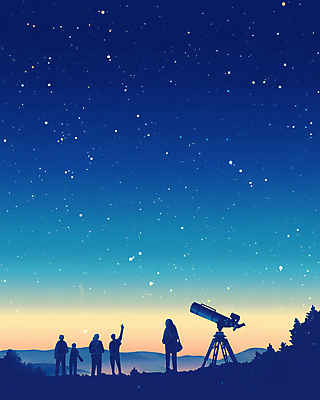 전신 PSD 여자 교육 남자 실루엣 과학 일러스트 밤하늘 여러명 성인 여름 파란색 반짝임 가리킴 관측 감성 천문학 천체망원경 성인만 국내일러스트 계절 컬러 다수 컨셉 모션 하늘 촬영기법 사람 손짓 망원경 야간 파일형식