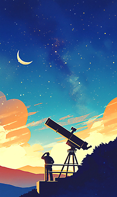 전신 PSD 교육 남자 실루엣 별 과학 일러스트 하늘 한명 성인 여름 파란색 일몰 초승달 관측 감성 천문학 천체망원경 성인남자한명만 국내일러스트 자연요소 1 계절 컬러 컨셉 촬영기법 사람 노을 망원경 달 남자한명만 성인남자만 파일형식