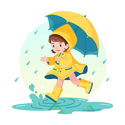 전신 캐릭터 여자 어린이 일러스트 우산 장화 한명 소녀 반짝임 반사 노란색 걷기 비 빗방울 웅덩이 우비 소녀한명만 국내일러스트 일러캐릭터 AI파일 자연요소 1 옷 컬러 신발 모션 날씨 사람 비_날씨 여자한명만 소녀만 파일형식 벡터