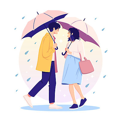 전신 캐릭터 커플 여자 남자 일러스트 우산 그림자 성인 두명 반짝임 마주보기 걷기 비 빗방울 성인만 국내일러스트 일러캐릭터 AI파일 자연요소 관계 모션 날씨 사람 비_날씨 파일형식 벡터