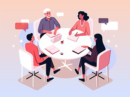 전신 여자 노년 남자 커피 중년 말풍선 의자 일러스트 회의 잔 직장 대화 그림자 사람 앉기 여러명 성인 컵 비즈니스라이프 노트북 반짝임 펜 공책 직장인 책상 그라데이션 국내일러스트 AI파일 직업 라이프스타일 식기 음료 가구 다수 회사 비즈니스 모션 문구용품 말하기 전자제품 필기구 파일형식 벡터