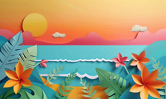 JPG 편집이미지 파도 바다 해변 사람없음 여름 태양 일몰 페이퍼아트 열대꽃 열대잎 편집실사 AI포토 AI콘텐츠 자연요소 계절 꽃 잎 노을 CG 파일형식