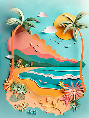 JPG 편집이미지 파도 바다 조류 해변 사람없음 여름 야자수 태양 페이퍼아트 열대잎 편집실사 AI포토 AI콘텐츠 자연요소 나무 동물 계절 잎 CG 파일형식