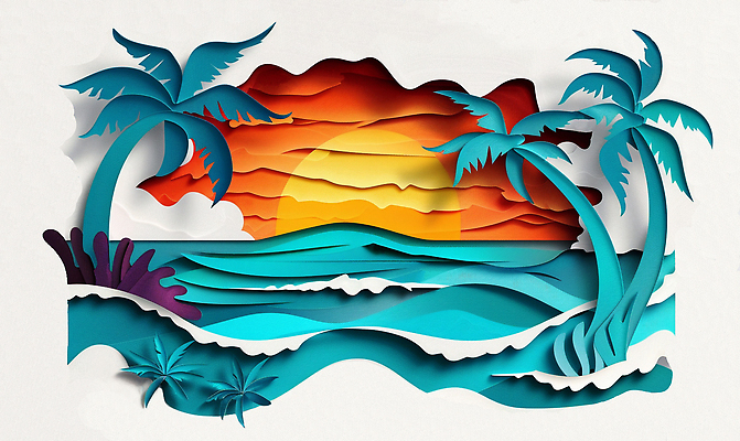 JPG 무료이미지 편집이미지 물결 파도 바다 사람없음 여름 야자수 태양 일몰 페이퍼아트 열대잎 편집실사 AI포토 AI콘텐츠 자연요소 나무 계절 잎 노을 CG 파일형식