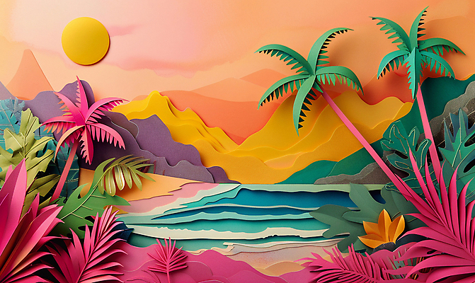 JPG 편집이미지 물결 파도 바다 사람없음 여름 야자수 태양 일몰 페이퍼아트 열대잎 편집실사 AI포토 AI콘텐츠 자연요소 나무 계절 잎 노을 CG 파일형식