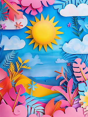 JPG 구름 편집이미지 꽃 바다 하늘 사람없음 여름 태양 페이퍼아트 야자수잎 열대잎 편집실사 AI포토 AI콘텐츠 자연요소 식물 계절 잎 CG 파일형식