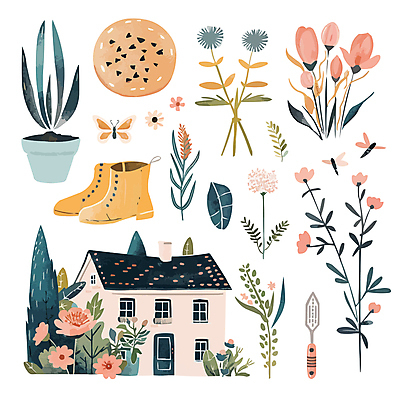 꽃 화분 나비 신발 잎 일러스트 주택 사람없음 세트 정원 아기자기 국내일러스트 AI파일 식물 곤충 컨셉 건물 파일형식 벡터