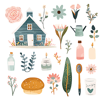 꽃 화분 잎 일러스트 초 주택 사람없음 세트 정원 물뿌리개 병 머핀 아기자기 국내일러스트 AI파일 식물 식기 빵 컨셉 건물 파일형식 벡터