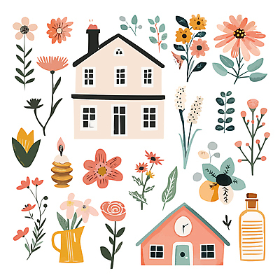 꽃 화분 잎 일러스트 초 주택 사람없음 세트 정원 병 아기자기 국내일러스트 AI파일 식물 식기 컨셉 건물 파일형식 벡터