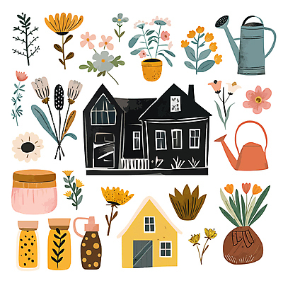 꽃 화분 잎 일러스트 주택 사람없음 세트 정원 물뿌리개 병 아기자기 국내일러스트 AI파일 식물 식기 컨셉 건물 파일형식 벡터