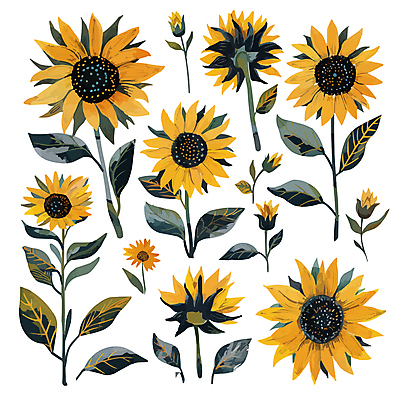 잎 일러스트 해바라기 사람없음 세트 노란색 국내일러스트 AI파일 식물 꽃 컬러 파일형식 벡터