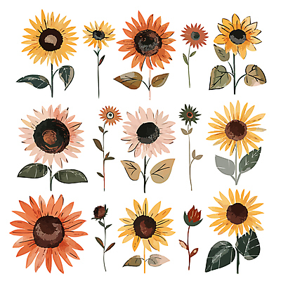 잎 일러스트 해바라기 사람없음 세트 노란색 국내일러스트 AI파일 식물 꽃 컬러 파일형식 벡터