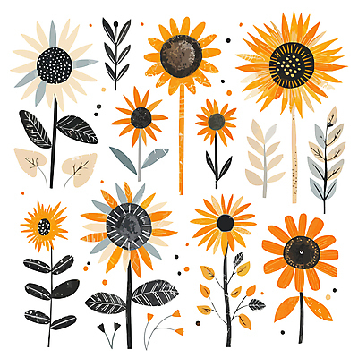 잎 일러스트 해바라기 사람없음 세트 노란색 국내일러스트 AI파일 식물 꽃 컬러 파일형식 벡터