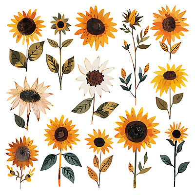 잎 일러스트 해바라기 사람없음 세트 노란색 국내일러스트 AI파일 식물 꽃 컬러 파일형식 벡터