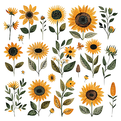 잎 일러스트 해바라기 사람없음 세트 노란색 국내일러스트 AI파일 식물 꽃 컬러 파일형식 벡터