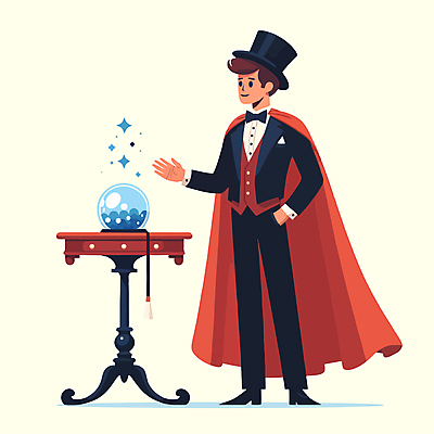 전신 남자 구두 셔츠 일러스트 탁자 한명 성인 빨간색 마술 마술사 망토 주머니손 마술사모자 마술지팡이 수정구슬 성인남자한명만 벡터 국내일러스트 AI파일 모자_잡화 1 컬러 가구 신발 상의 모션 사람 마술도구 남자한명만 성인남자만 파일형식