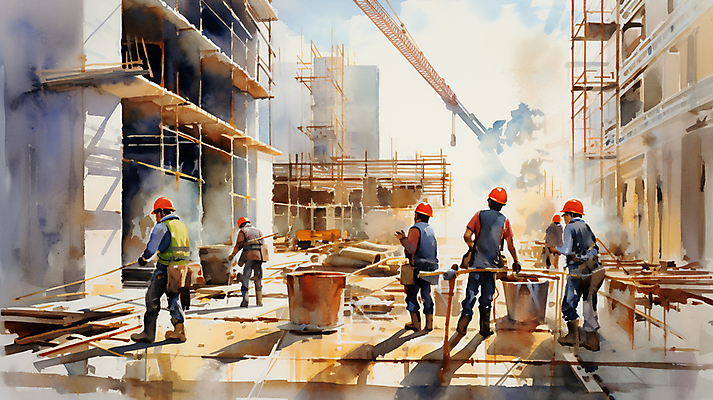 JPG 전신 남자 건축 일러스트 붓터치 수채화 공사 그림자 여러명 성인 건물 건설현장 안전모 건축자재 안전조끼 성인남자만 건설근로자 국내일러스트 AI일러스트 AI콘텐츠 직업 건축물 다수 건설업 사람 헬멧 안전장비 남자만 성인만 파일형식
