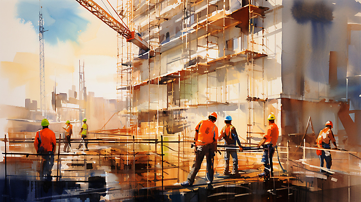 JPG 전신 남자 건축 일러스트 붓터치 수채화 공사 여러명 성인 건물 일몰 건설현장 안전모 건축자재 안전조끼 성인남자만 건설근로자 국내일러스트 AI일러스트 AI콘텐츠 직업 건축물 다수 건설업 사람 노을 헬멧 안전장비 남자만 성인만 파일형식