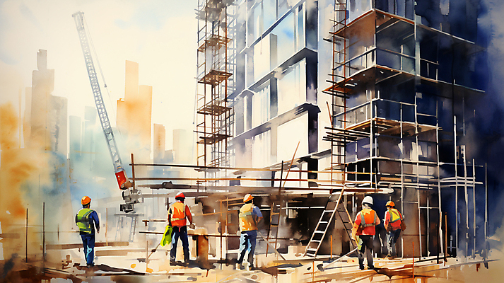 JPG 전신 남자 건축 일러스트 붓터치 수채화 공사 여러명 성인 건물 건설현장 안전모 건축자재 안전조끼 성인남자만 건설근로자 국내일러스트 AI일러스트 AI콘텐츠 직업 건축물 다수 건설업 사람 헬멧 안전장비 남자만 성인만 파일형식